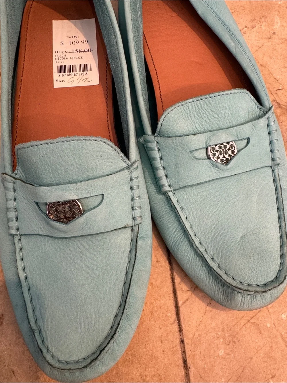 Coach Turquoise Leather Penny Loafers with Silver Accent